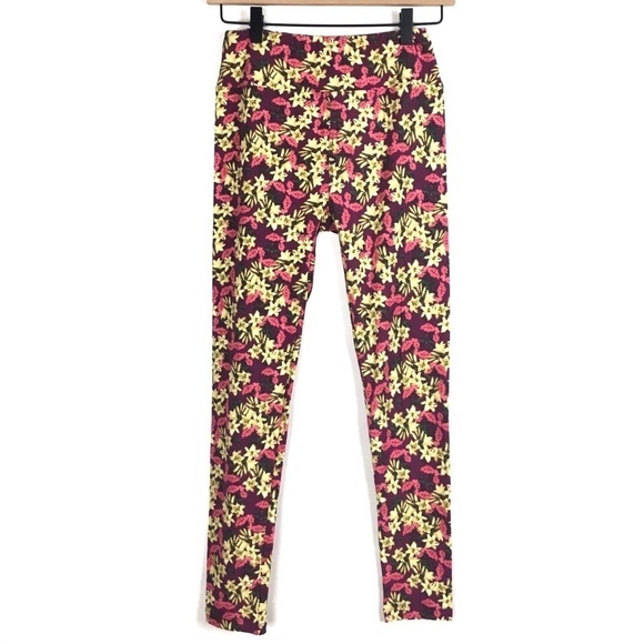 LULAROE Leggings OS One Size Floral Flowers Purple Pink Green Yellow Retro Mod - Picture 2 of 9
